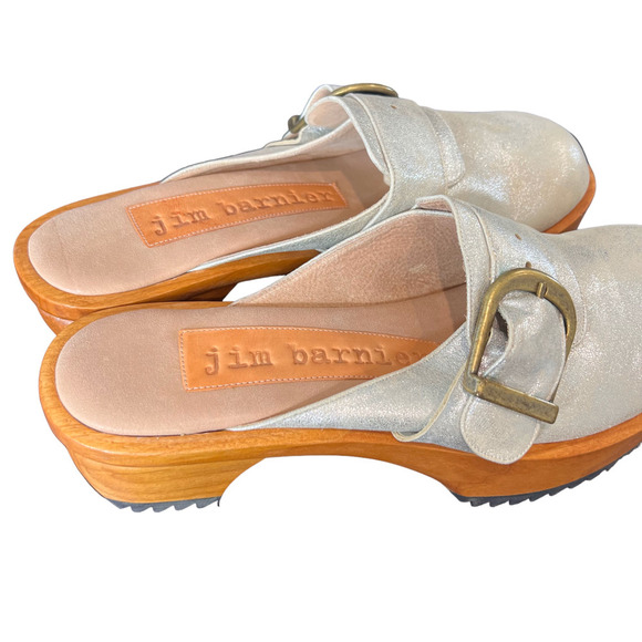 Jim Barnier Women's Wooden Heel Clog Silver Size 11 Platform Sandals Leather New - Picture 10 of 11